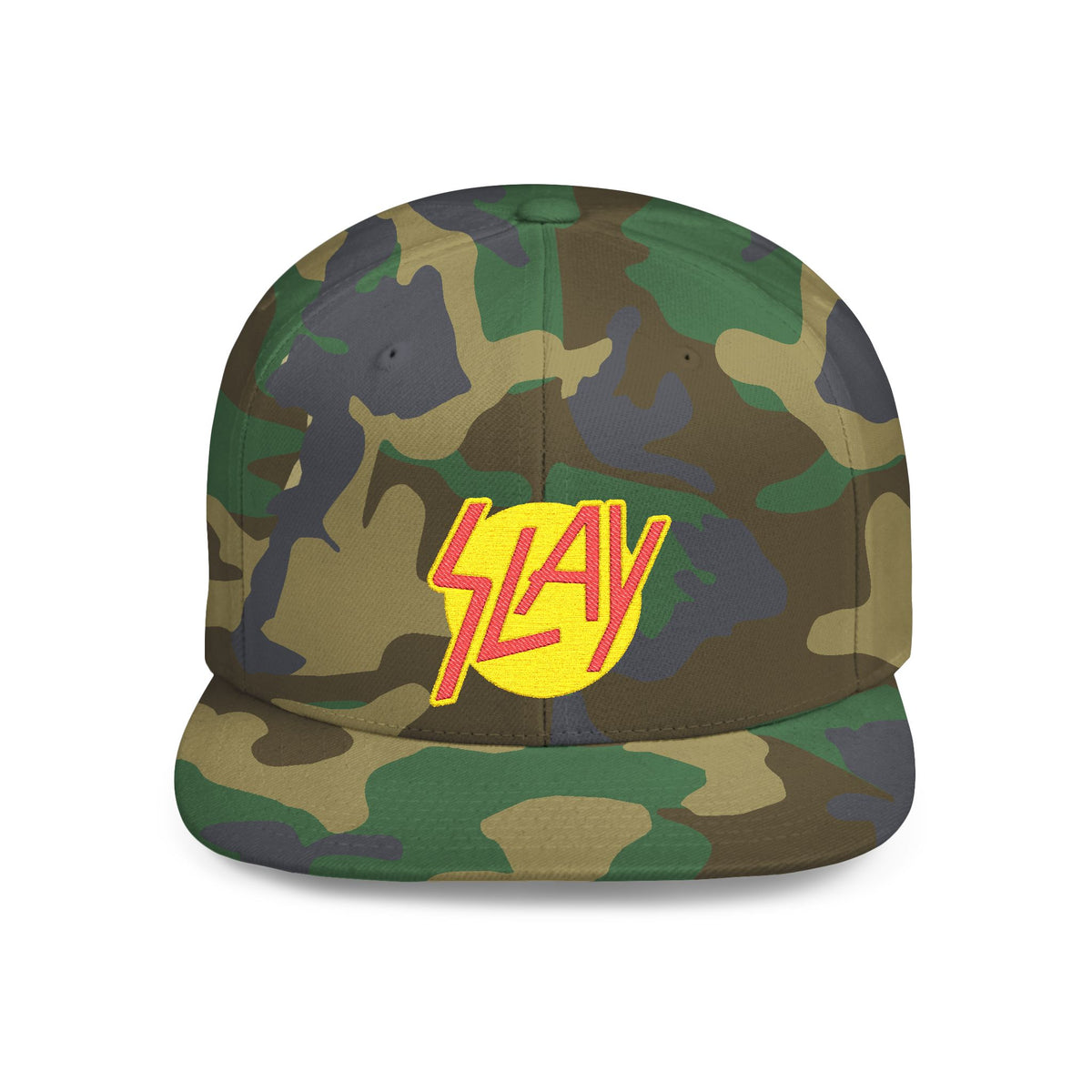 Slay Snapback Hat — Retro Yellow Logo Flat-Bill Cap